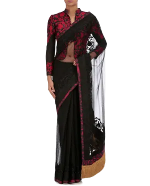 Black color party wear saree with thread embroidery