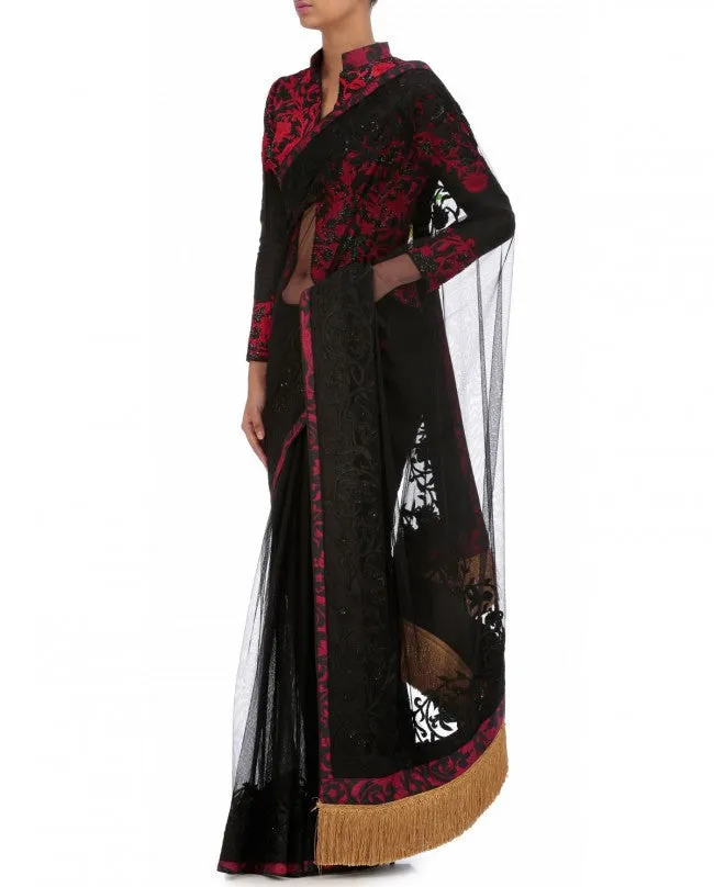 Black color party wear saree with thread embroidery