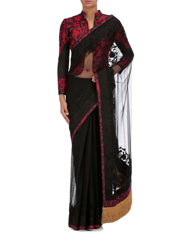 Black color party wear saree with thread embroidery