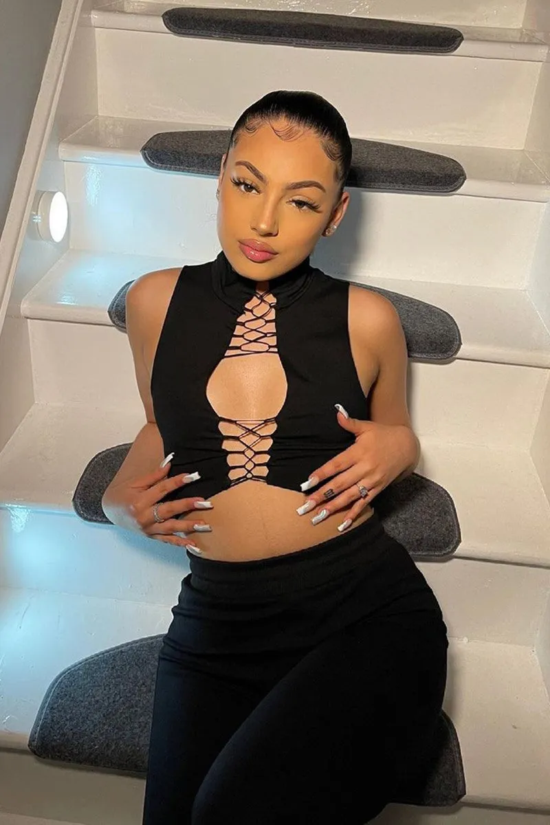 Black High Neck Lace Up Detail Sleeveless Crop Top - Jeniya