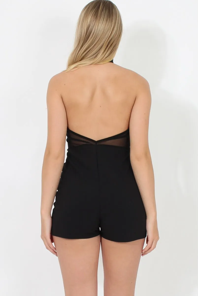 Black High Neck Mesh Detail Playsuit - Kacey