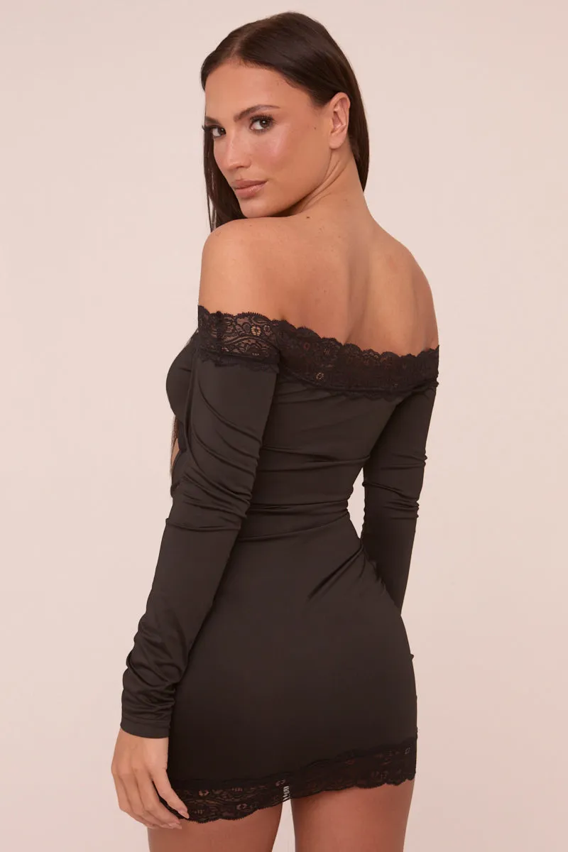 Black Lace Trim Bardot Cut Out Detail Long Sleeves Mini Dress - Nela