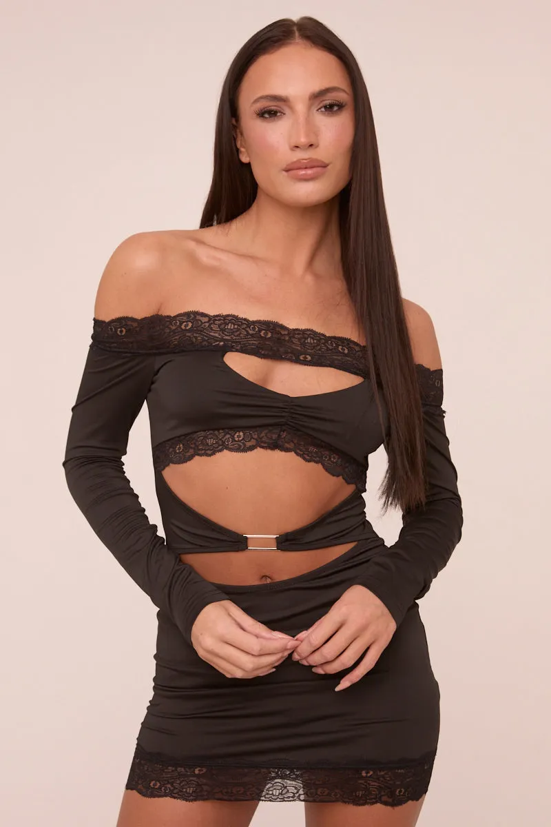 Black Lace Trim Bardot Cut Out Detail Long Sleeves Mini Dress - Nela