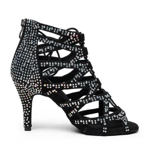 Black Lace-up Hollow Dance Boots With Rhinestones