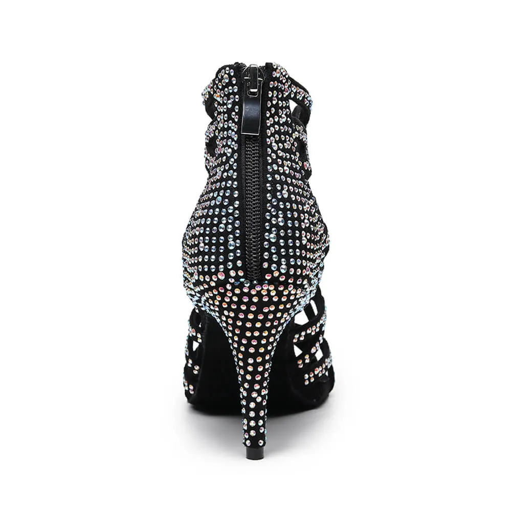 Black Lace-up Hollow Dance Boots With Rhinestones