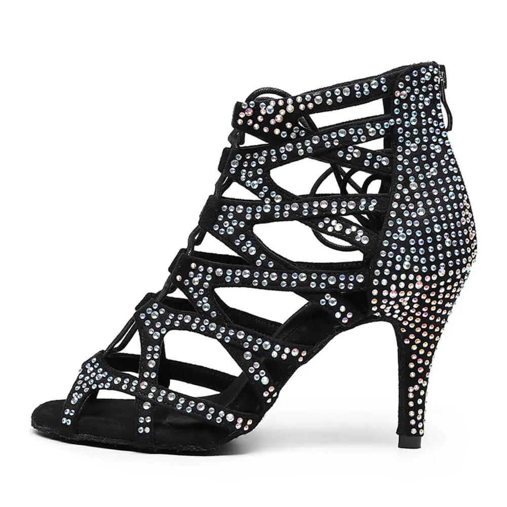Black Lace-up Hollow Dance Boots With Rhinestones