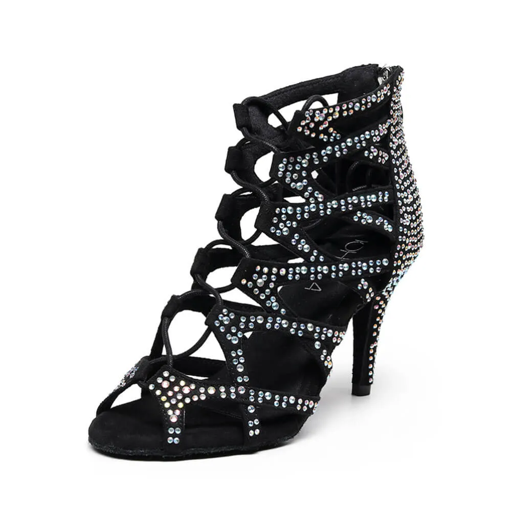 Black Lace-up Hollow Dance Boots With Rhinestones