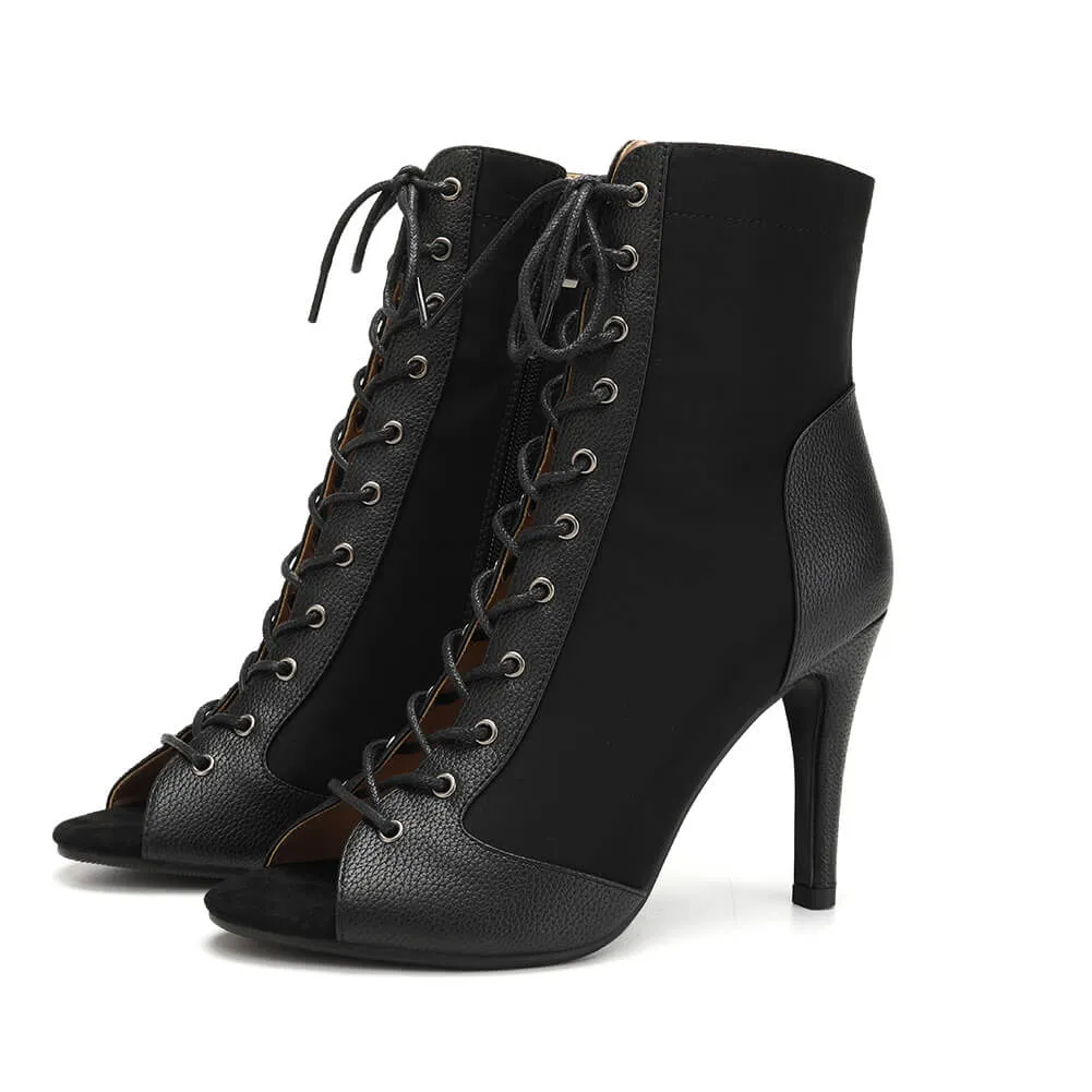 Black Lace Up Jazz High Heel Boots