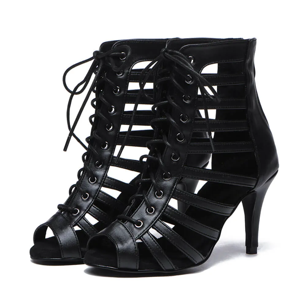 Black Leather Lace Up Ankle  Boots