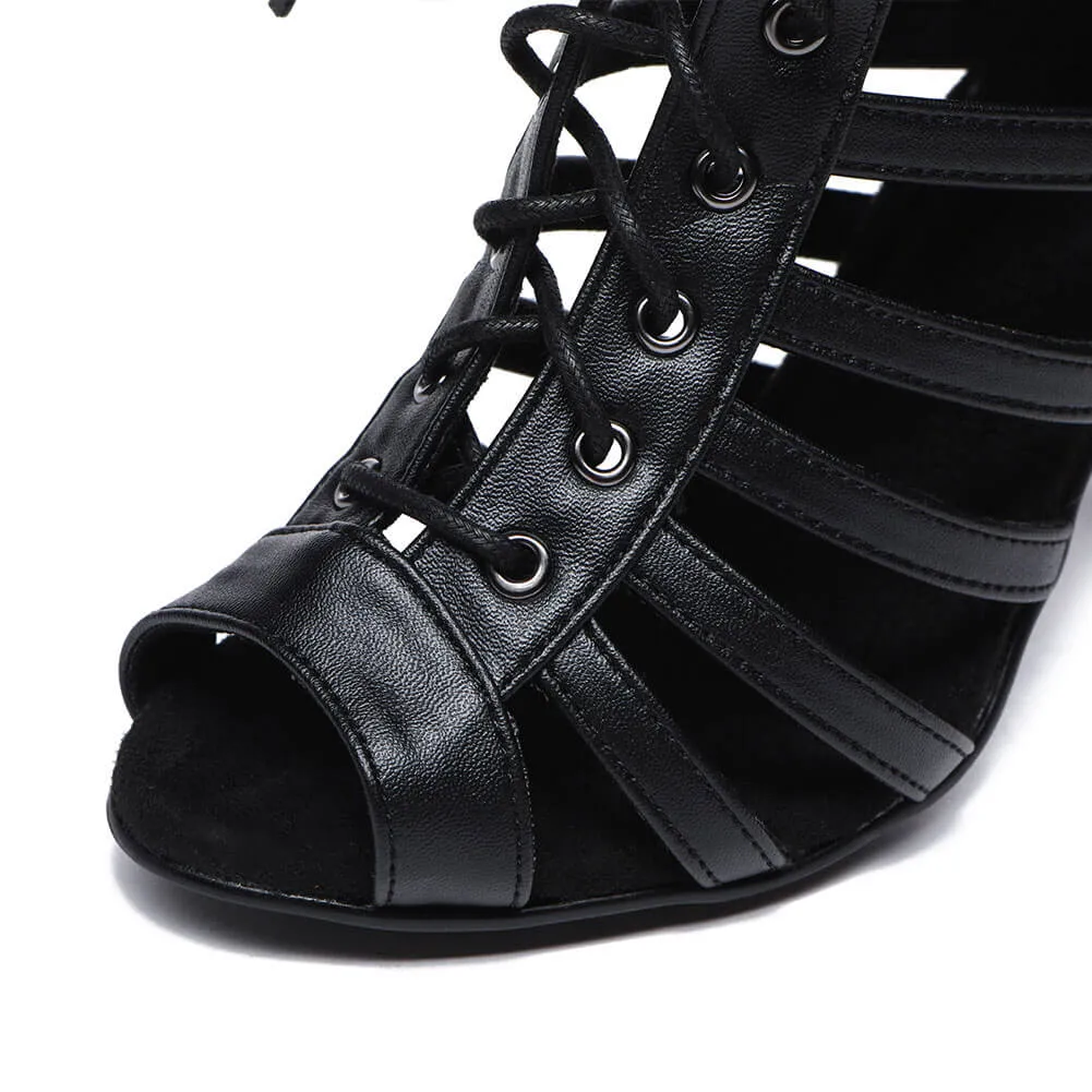 Black Leather Lace Up Ankle  Boots