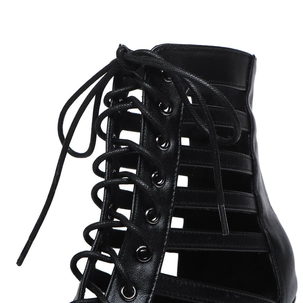 Black Leather Lace Up Ankle  Boots