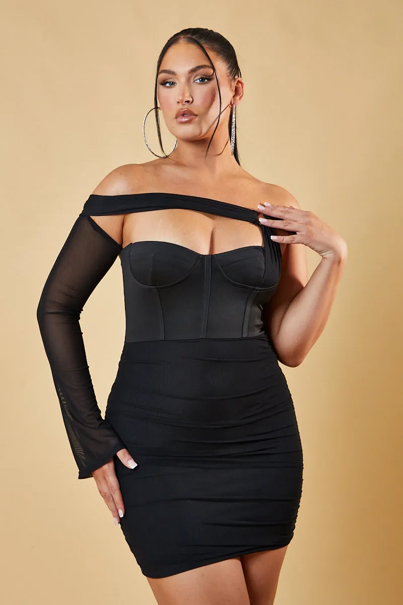 Black One Sleeve Corset Detail Mini Dress - Camila