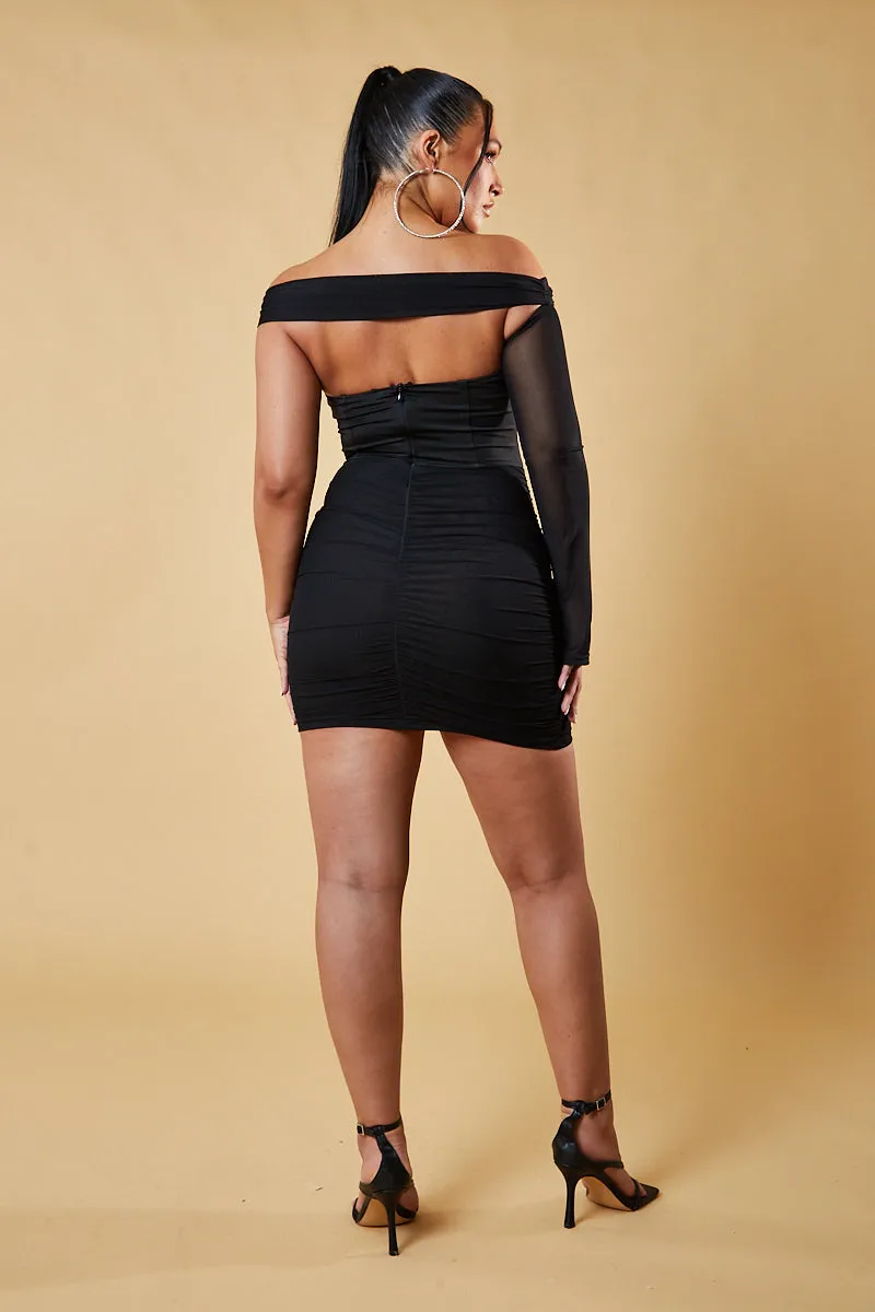 Black One Sleeve Corset Detail Mini Dress - Camila