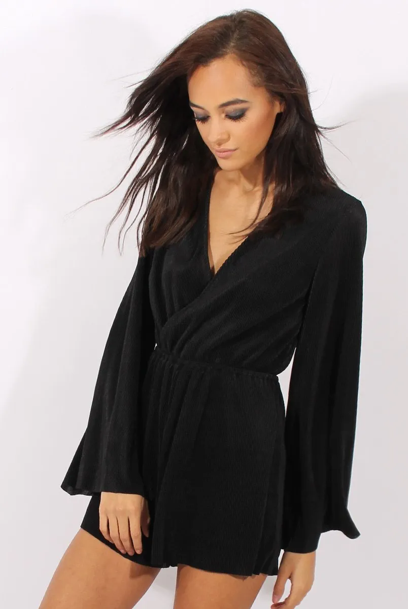Black Pleated Flared Sleeve Playsuit - Amity
