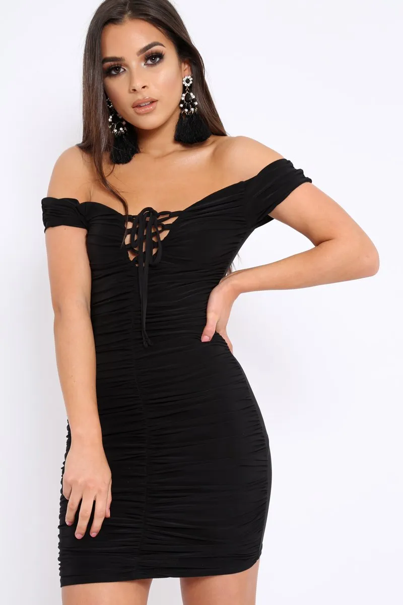 Black Ruched Slinky Lace Up Dress - Rosina