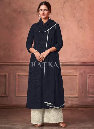 Blue And Off White Designer Embroidery Palazzo Suit
