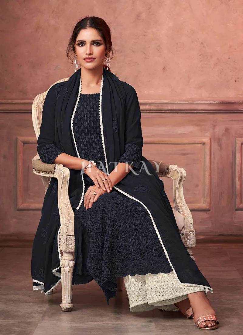 Blue And Off White Designer Embroidery Palazzo Suit