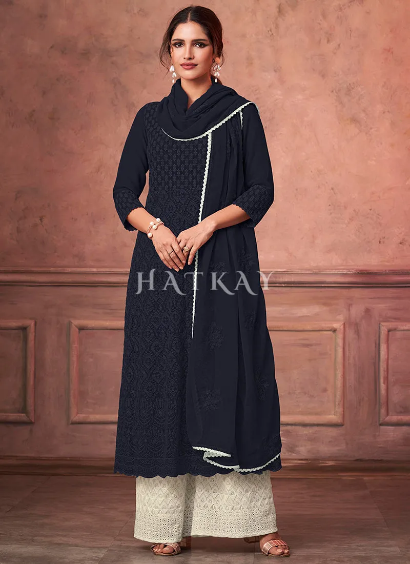Blue And Off White Designer Embroidery Palazzo Suit