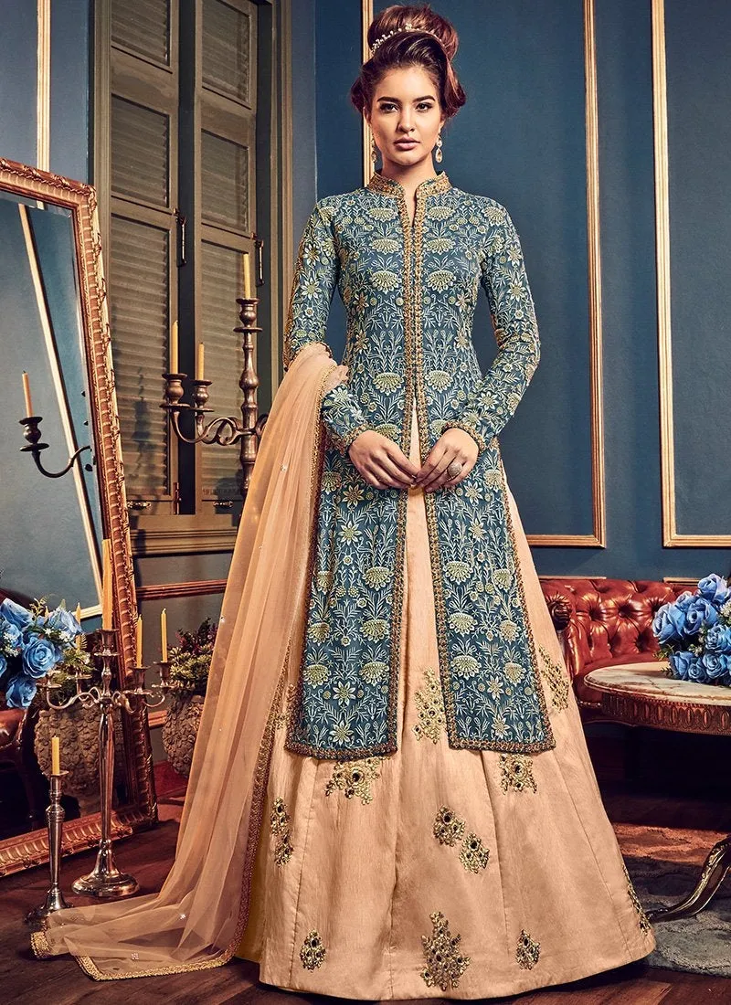 Blue And Peach Butta Embroidered Lehenga Kurti Set