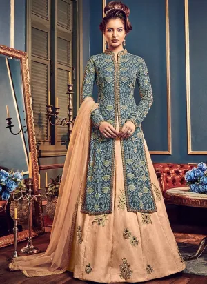 Blue And Peach Butta Embroidered Lehenga Kurti Set