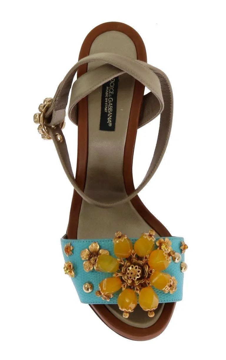 Blue Leather Floral Crystal Sandals