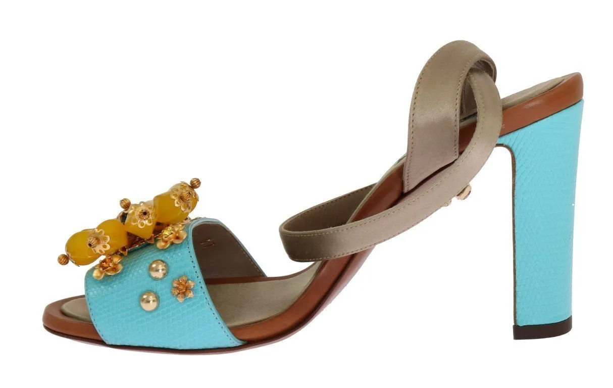 Blue Leather Floral Crystal Sandals