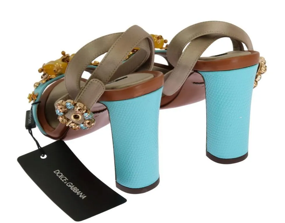 Blue Leather Floral Crystal Sandals