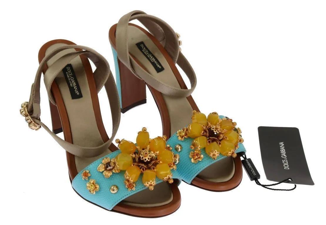 Blue Leather Floral Crystal Sandals