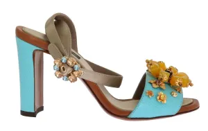 Blue Leather Floral Crystal Sandals