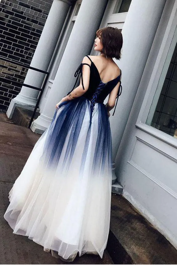 Blue Ombre Long Tulle Prom Dress Unique V Neck Sleeveless Party Dresses Dance Dress PD015
