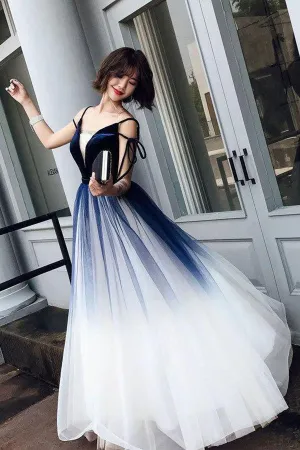 Blue Ombre Long Tulle Prom Dress Unique V Neck Sleeveless Party Dresses Dance Dress PD015