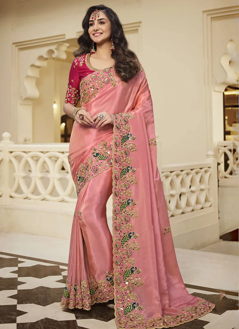 Blush Pink Embroidered Party Wear Saree