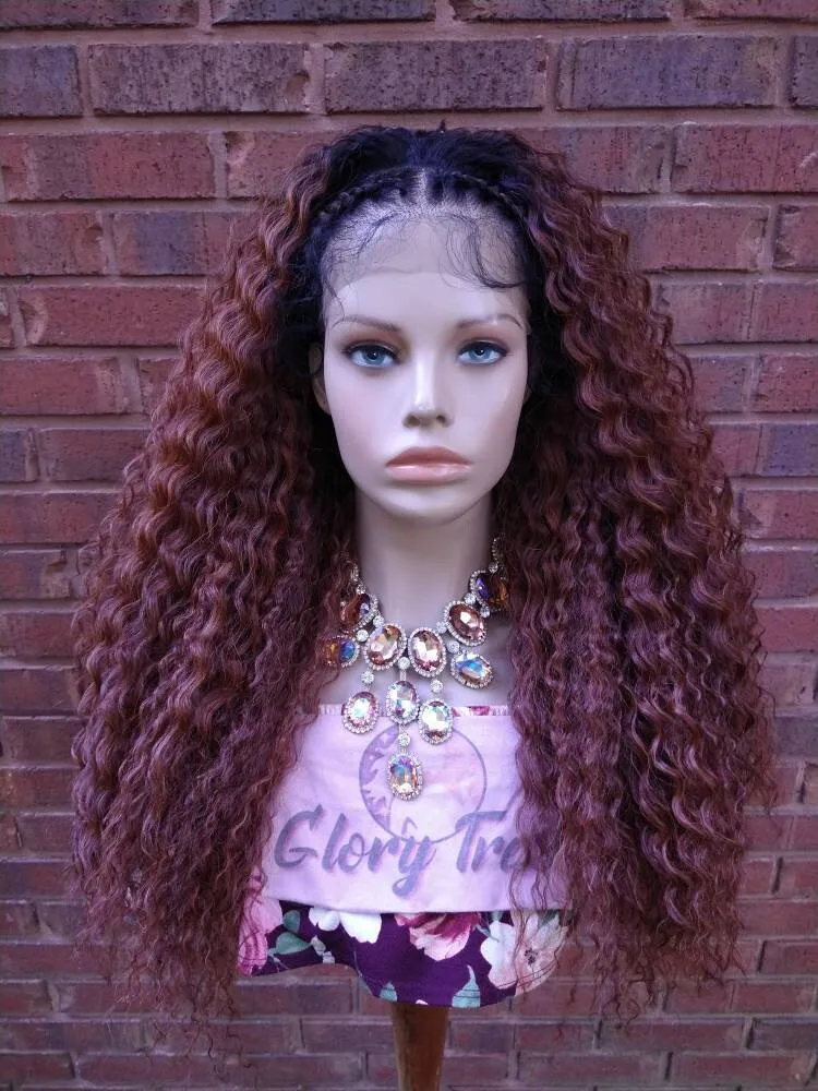 Braided Curly Lace Front Wig Ombre Auburn HD Lace Human Hair Blend Wig African American Wig Chemo Alopecia Wigs Glory Tress -TRIBAL PRINCESS