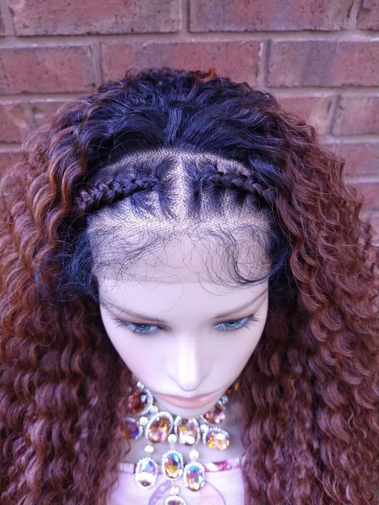 Braided Curly Lace Front Wig Ombre Auburn HD Lace Human Hair Blend Wig African American Wig Chemo Alopecia Wigs Glory Tress -TRIBAL PRINCESS