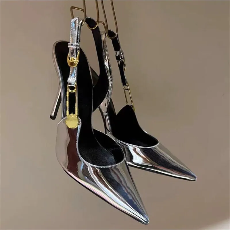 Brand Buckle Hot Diamond Silver Sandals for Women's Wedding Banquet Fashion Closed Toe Rhinestone Slim High Heels Big Size 34-43