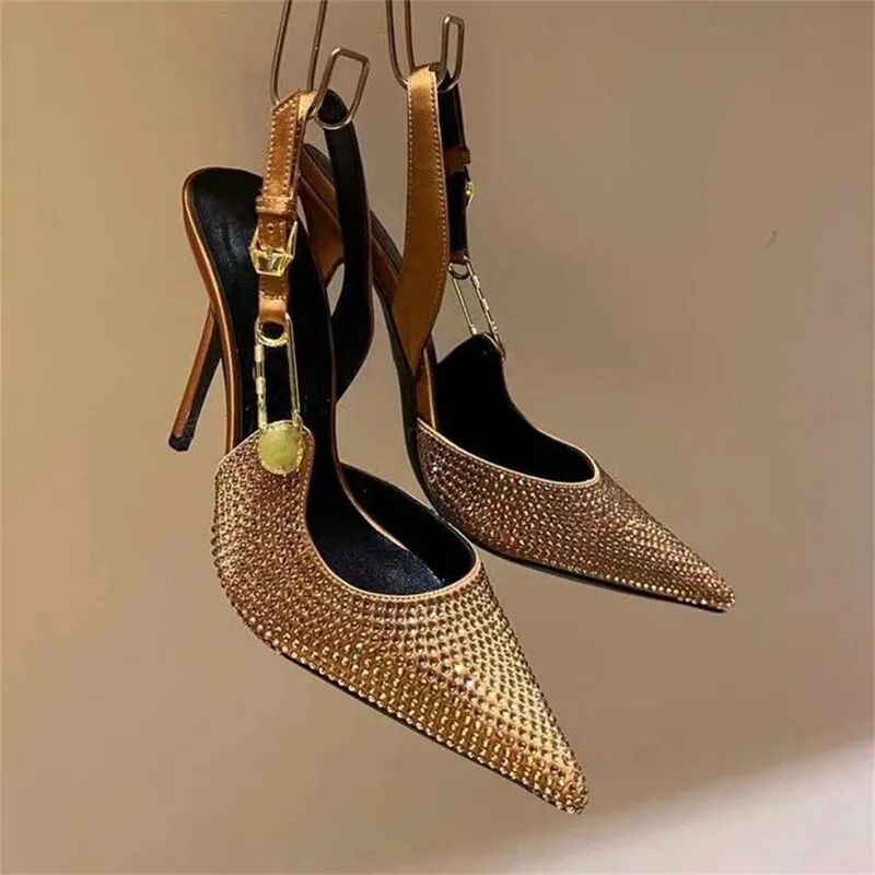 Brand Buckle Hot Diamond Silver Sandals for Women's Wedding Banquet Fashion Closed Toe Rhinestone Slim High Heels Big Size 34-43