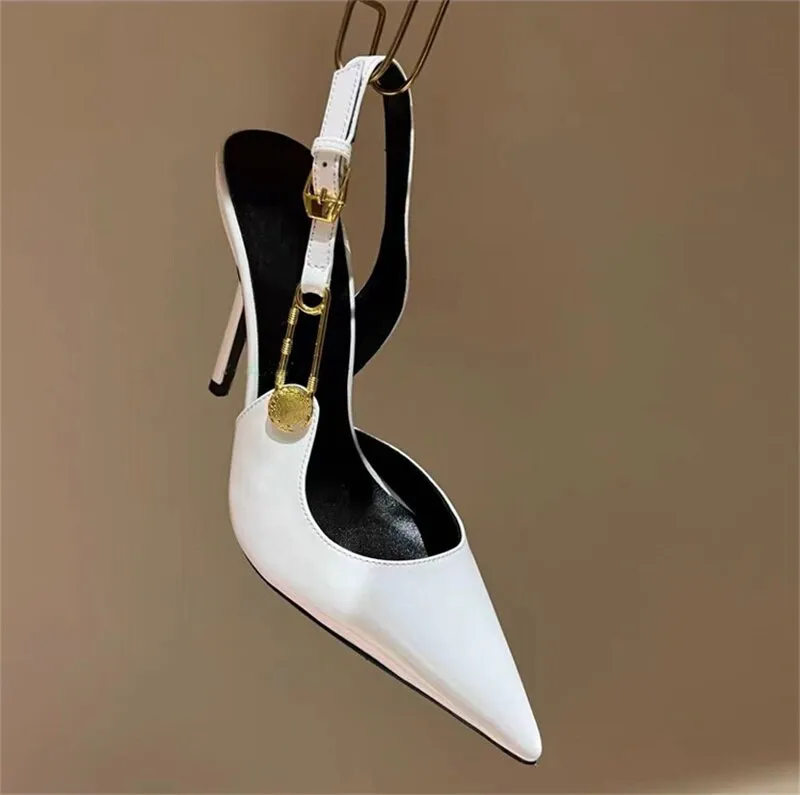 Brand Buckle Hot Diamond Silver Sandals for Women's Wedding Banquet Fashion Closed Toe Rhinestone Slim High Heels Big Size 34-43