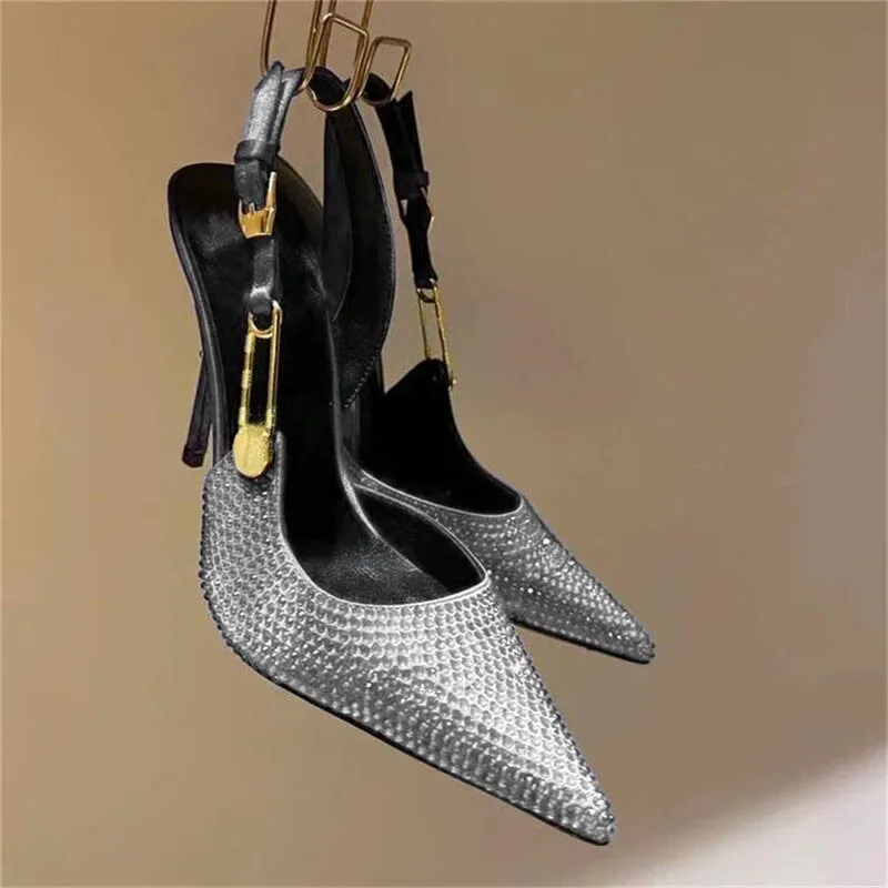 Brand Buckle Hot Diamond Silver Sandals for Women's Wedding Banquet Fashion Closed Toe Rhinestone Slim High Heels Big Size 34-43