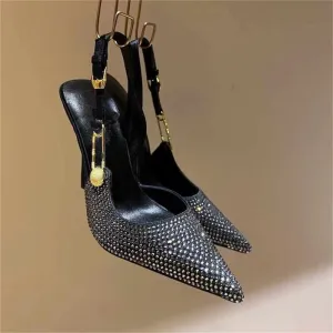 Brand Buckle Hot Diamond Silver Sandals for Women's Wedding Banquet Fashion Closed Toe Rhinestone Slim High Heels Big Size 34-43