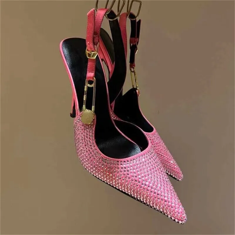 Brand Buckle Hot Diamond Silver Sandals for Women's Wedding Banquet Fashion Closed Toe Rhinestone Slim High Heels Big Size 34-43