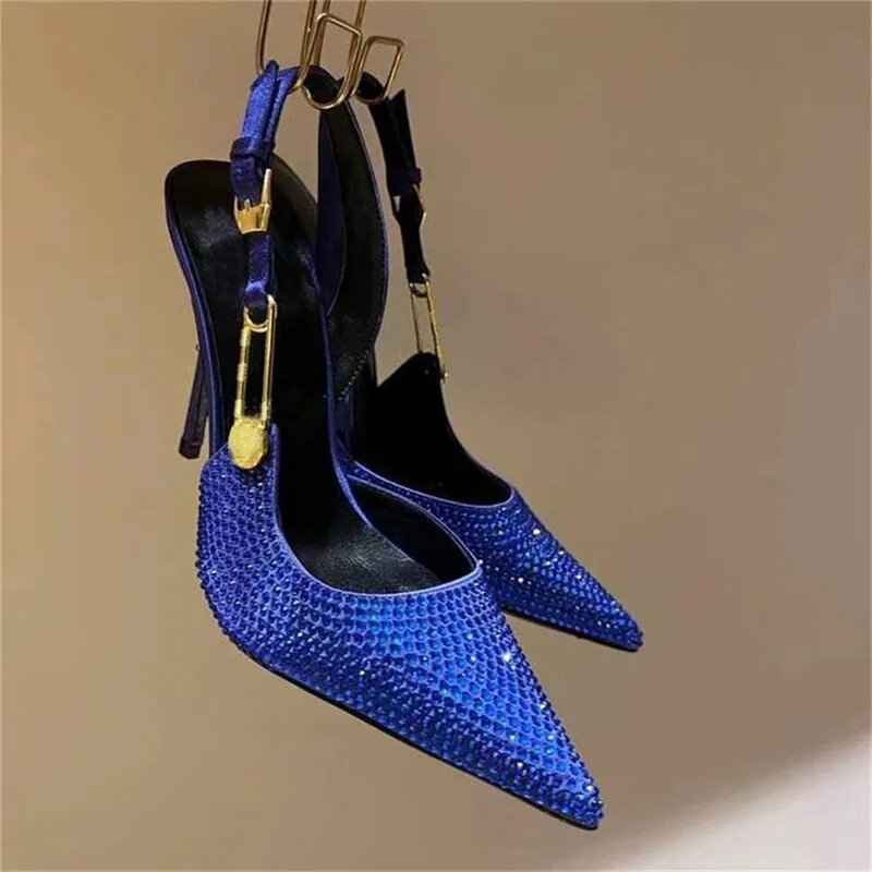 Brand Buckle Hot Diamond Silver Sandals for Women's Wedding Banquet Fashion Closed Toe Rhinestone Slim High Heels Big Size 34-43