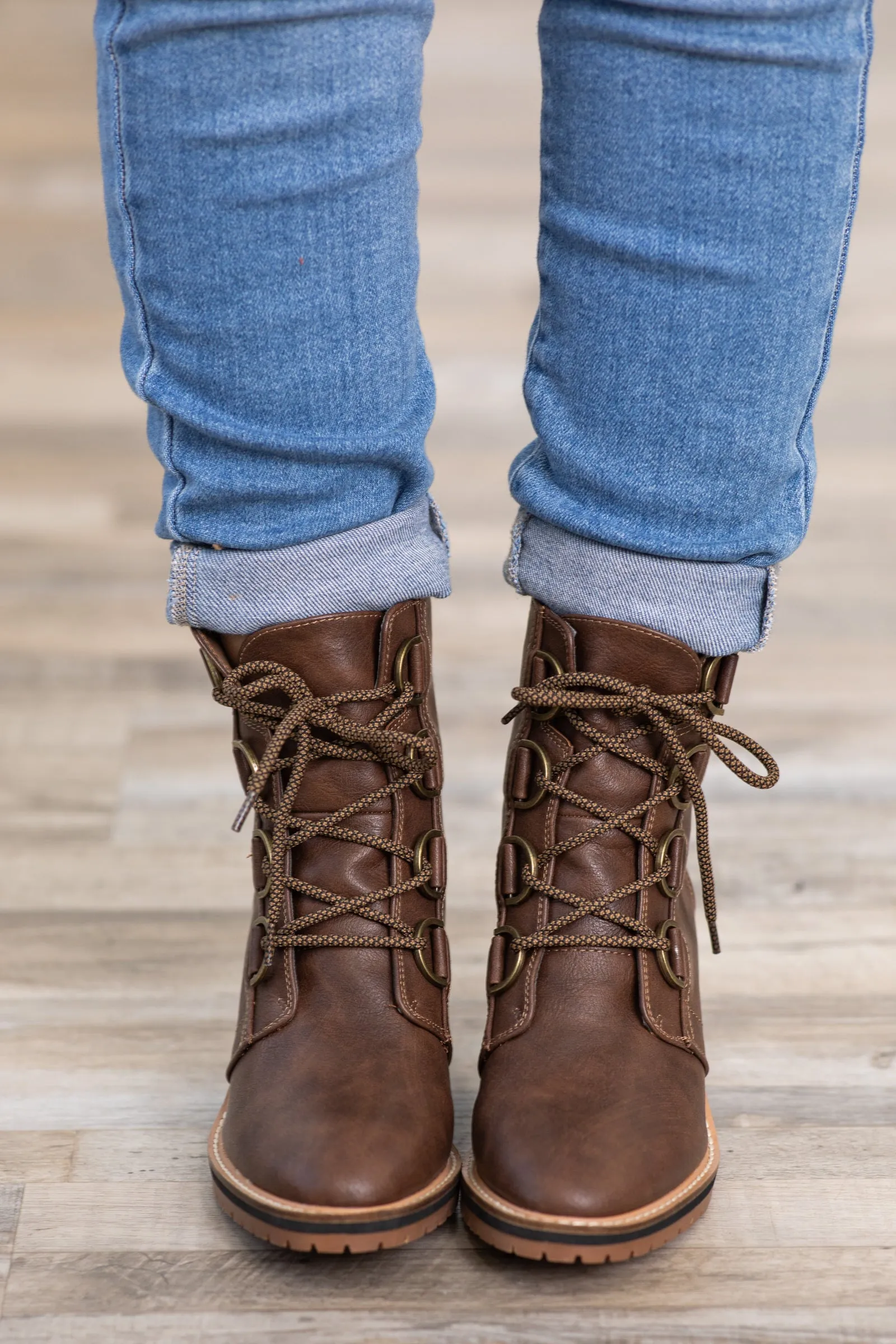 Brown Lace Up Boots With Block Heel