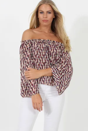 Burgundy, Beige and Navy Pattern Bardot Three Quarter Bell Sleeve Crop- Chantelle