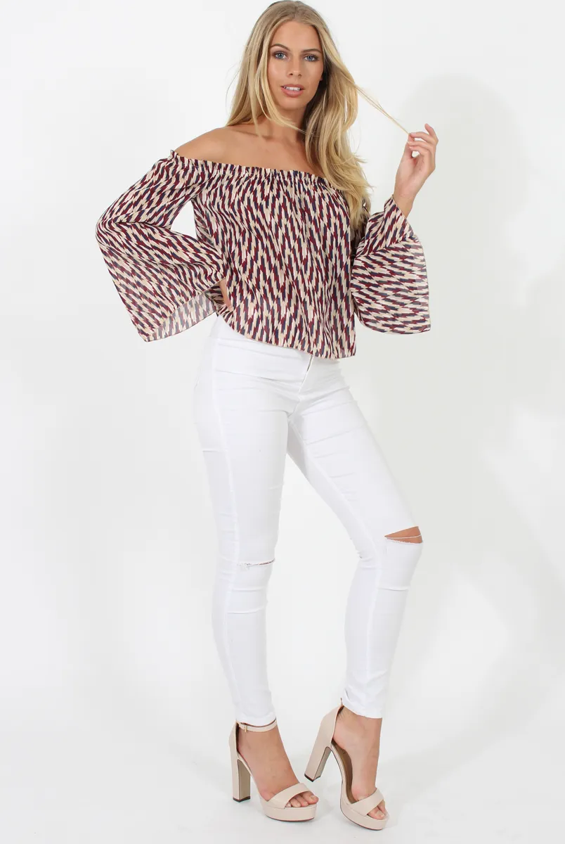Burgundy, Beige and Navy Pattern Bardot Three Quarter Bell Sleeve Crop- Chantelle