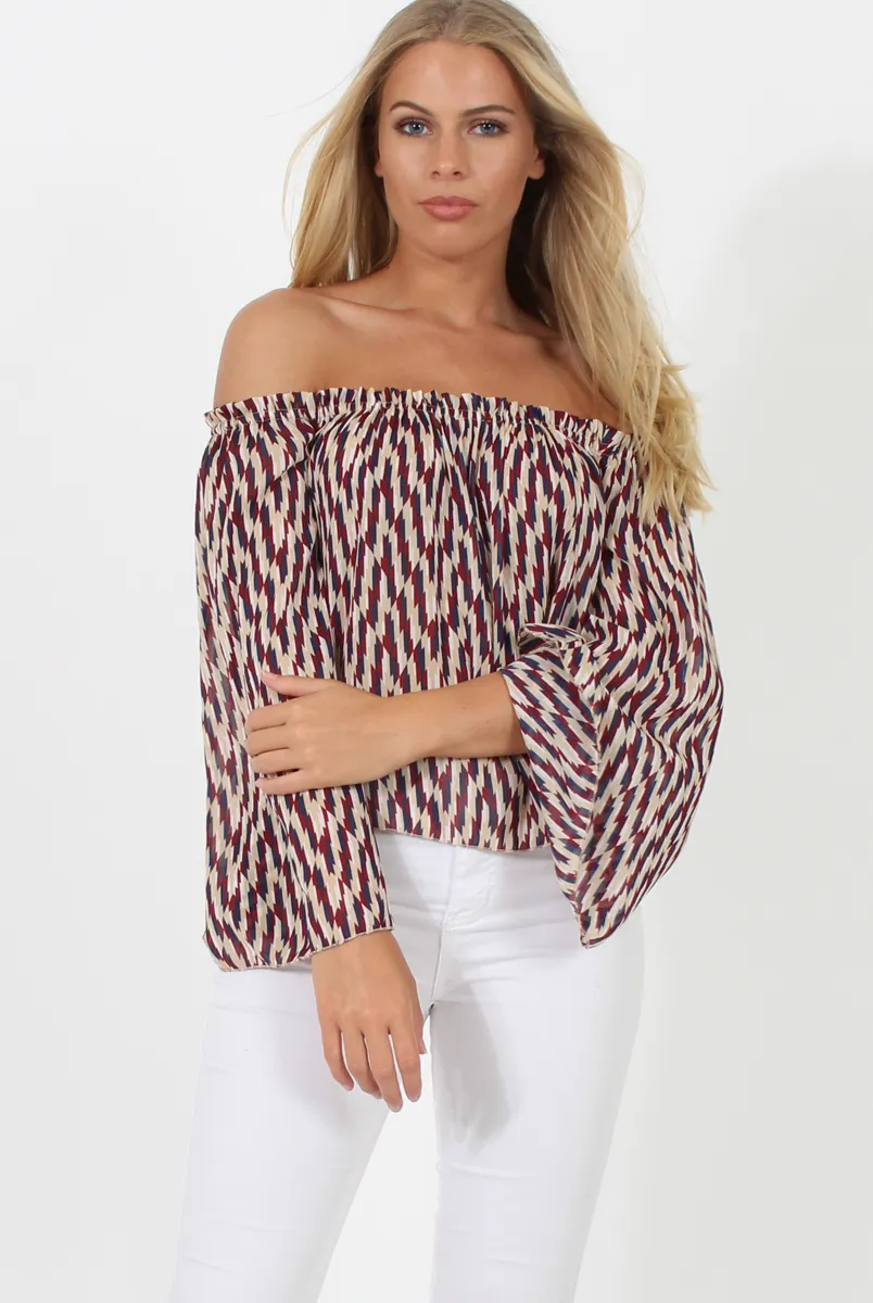 Burgundy, Beige and Navy Pattern Bardot Three Quarter Bell Sleeve Crop- Chantelle