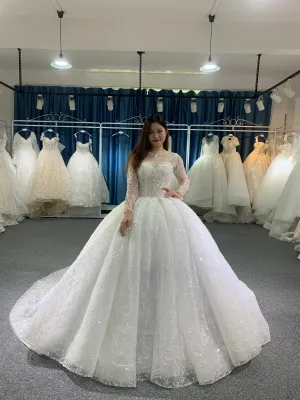 BYG high quality lace flower long sleeves wedding gown