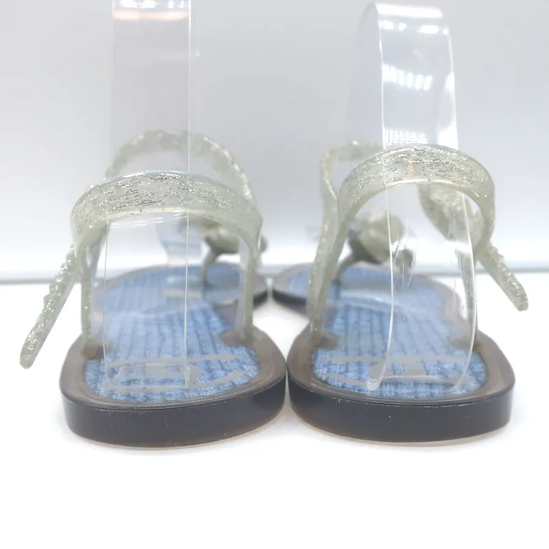 Chanel Camellia Thong Ankle Strap Jelly Sandals Silver Glitter Size 41
