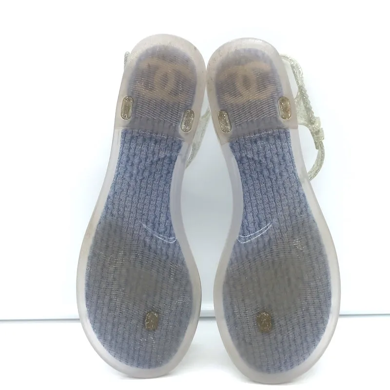 Chanel Camellia Thong Ankle Strap Jelly Sandals Silver Glitter Size 41