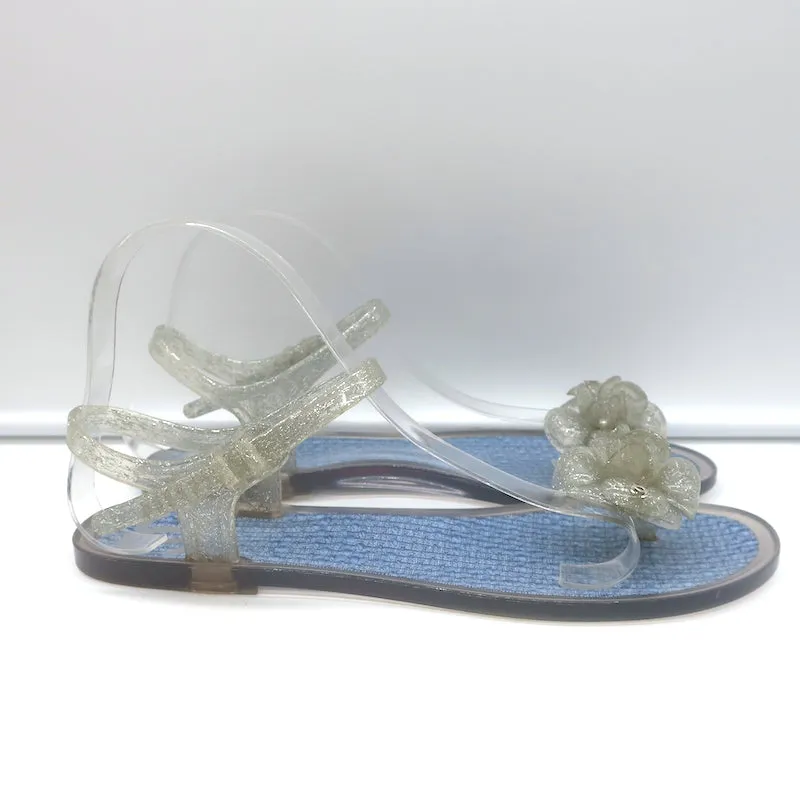 Chanel Camellia Thong Ankle Strap Jelly Sandals Silver Glitter Size 41