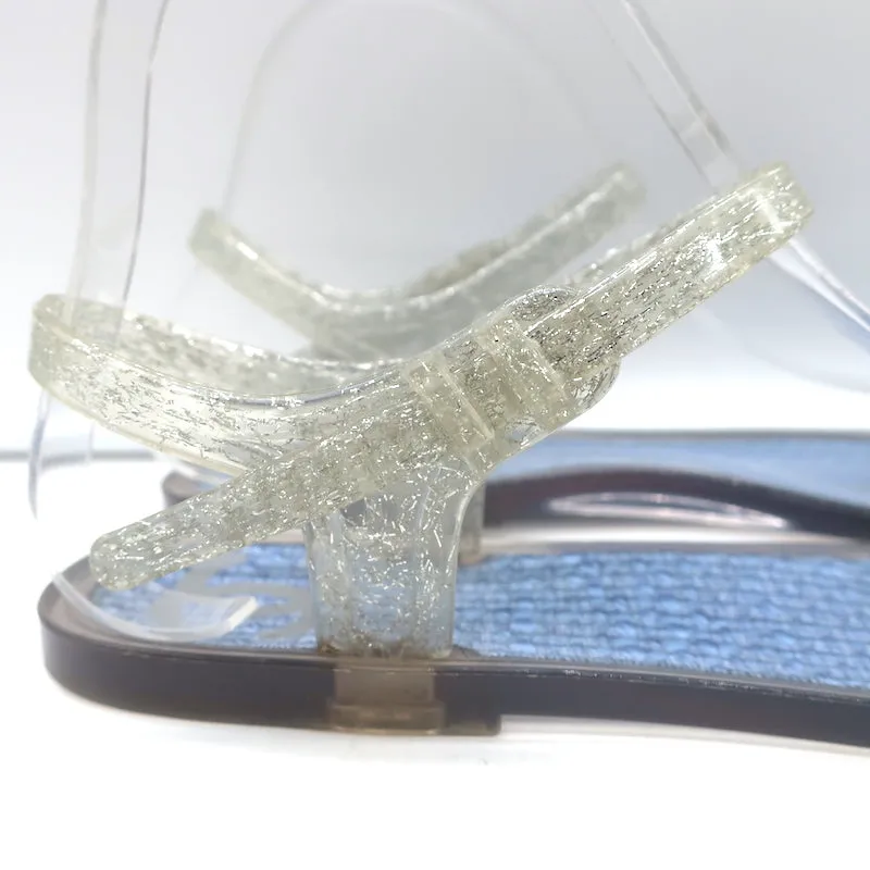 Chanel Camellia Thong Ankle Strap Jelly Sandals Silver Glitter Size 41